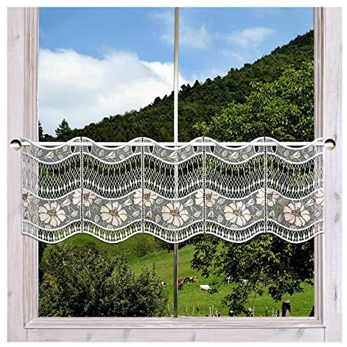 Feenhaus-Scheibengardine Hibiskus weiß-beige Vogtländische Spitze | ausgefallene, kunstvolle Luftspitze mit Natur-Muster im Plissee-Design, Scheibenhänger mit filigranen Linien HxB 26 x 80 cm