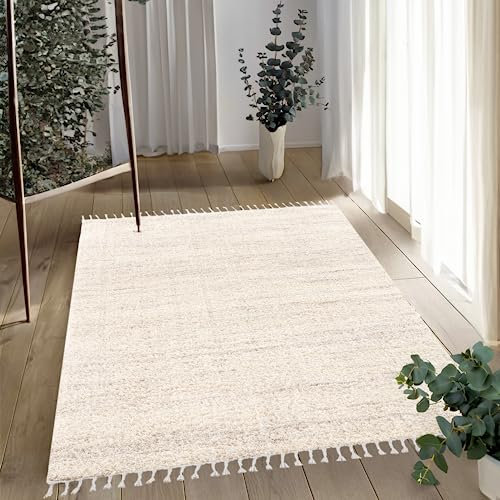 payé Teppich Wohnzimmer Hochflor Cream - 240x340cm - Meliert mit Fransen - Weiche Schlafzimmer-Teppiche für gemütliche Wohnatmosphäre