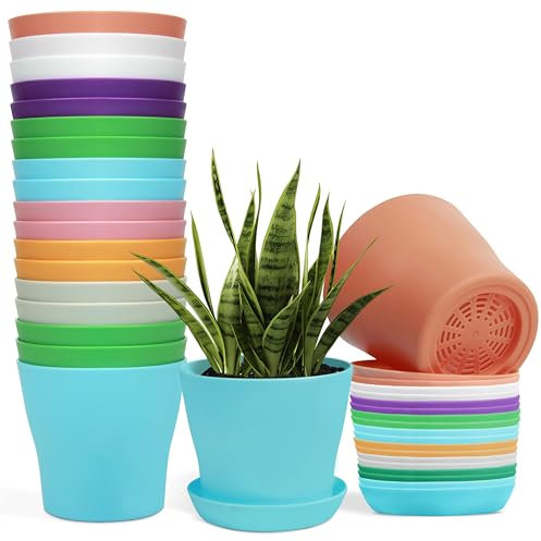 Winter Shore Pot Fleur Plastique Coloré 9,5 cm avec Soucoupes [Lot de 20] - Pot Plante Intérieur & Exterieur en 8 Couleurs avec Trous de Drainage - Étanche et Durable - Planter Pot Herbes & Pépinière