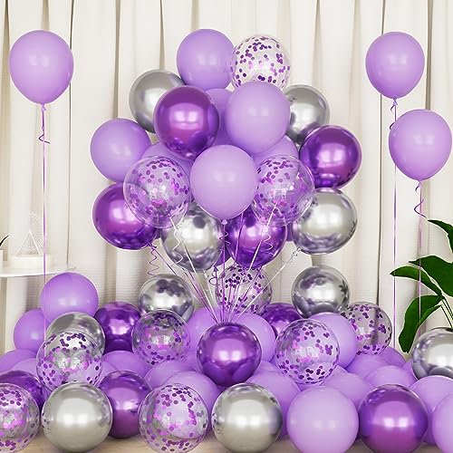 Eitolo Purple Silver Balloons, 50PCS 12inch Metallic Silver Purple with Confetti Balloon for Girls Birthday Bridal Shower Wedding Anniversary Bachelorette Party Decorations