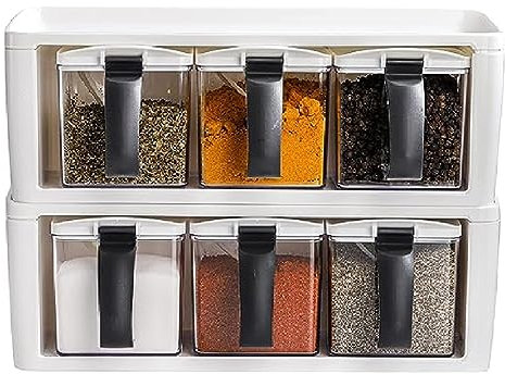 Durratou Gewürzregal Gewürzregal PS + PP 3 Gitter mit Griff, Deckel & Löffel, klare Küche Salz Pfeffer Zucker Dosen Combo Set Stapelbare Menage
