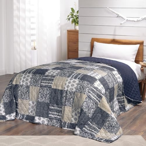 Copriletto patchwork Mellow Blue in stile vintage, matrimoniale in stile patchwork, 220 x 240 cm
