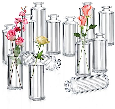 Vyuwast 12 Pack Bud Vases, Clear Glass Bottle Vases Small Vases Tall Decorative Vase Fillers for Centerpieces Apothecary Jars Vase for Home Wedding Bridal Shower Vintage Table Decor(Clear)