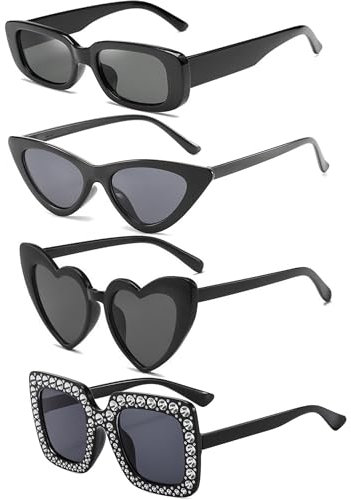FSMILING 4 Stück Vintage Sonnenbrillen Damen Schwarz Set Retro Damen Sonnenbrille Schwarz Trendy Brille Set Für Damen Herren