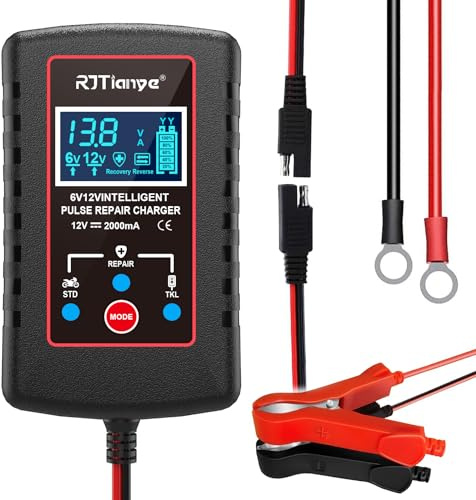 2Amp Cargador Baterias Coche y Moto 6V 12V Automático de 3 Modos Inteligente Mantenimiento de Batería para cortadora de césped, Motocicleta, automóvil, batería de Plomo ácido para Buques