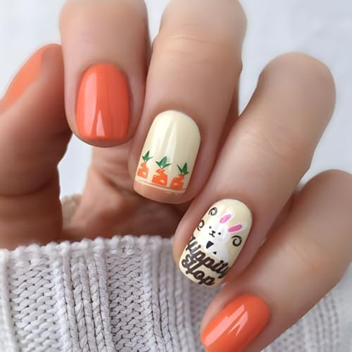 MouyouGlow Press on Nails Kurz,Square Orange Beige Karotte Hase Cute Cartoon Ostern Fake Nails Kunstnägel mit Nagelkleber,Osterhasen Künstliche Fingernägel