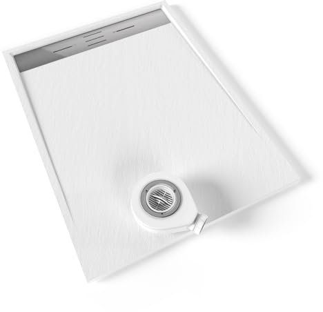Moments of Glass Piatto doccia SMC Hiemal 120 x 90 cm, bianco RAL 9016 – antisdrucciolo, texture lavagna, antibatterico, resistente agli agenti chimici, include valvola e griglia in acciaio inox