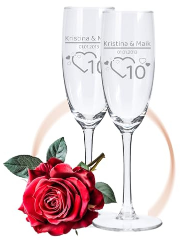 LALALO Sektglas Herzfunken, personalisiert mit Gravur und Namen, Geschenk zur Rosenhochzeit 10. Jahrestag Hochzeitstag, Sektglas graviert mit Wunschtext Datum für Paar Ehepaar