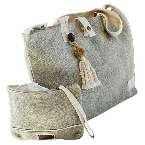 Loberon Tasche 2er Set Cravanche, eine große & eine kleine Tasche im Set, Henkeltasche & Clutch, zeitloser Chic, Accessoires, Shopper, Jute, Baumwolle, grün/beige
