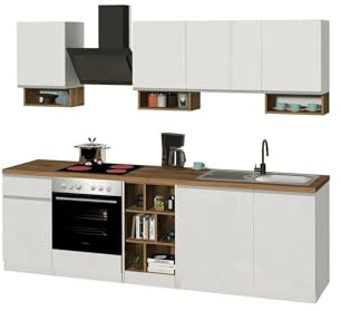 Dmora - Vollständige Küche Rudolf, Set mit Speisekammer, Küchenzeile Schrank, Linearer Blocksatz, 100% Made in Italy, 255x60h85 cm, Glänzendes Weiß und Eiche