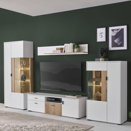 Lomadox Wohnwand Schrankwand Anbauwand Beleuchtung Vitrinenschrank Highboard 150cm Lowboard Wandregal weiß matt Eiche