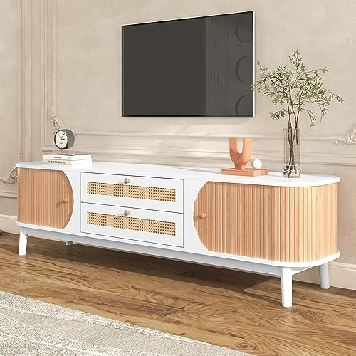 Goeria Mueble de TV de madera natural, con puertas y cajones, soporte de TV con lados de ratán, solución de almacenamiento, estilo rústico natural.
