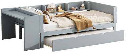 Azkoeesy Kinderbett 90 x 200 cm mit Ausziehbett und Schreibtisch, Schlafsofa mit Ausziehbett und Lattenrost, Ablageregal, Stauraum, Grau