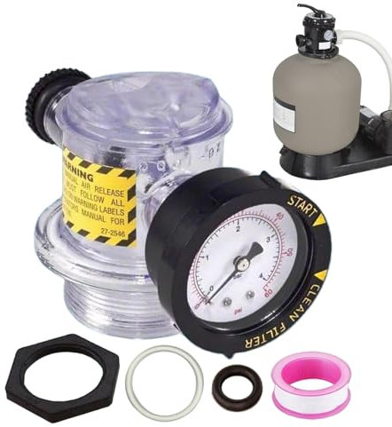 Sghtil Válvula de purga de aire para filtro de piscina, válvula de purga con manómetro – Conjunto de válvula de drenaje de presión de aire para filtro de arena de spa