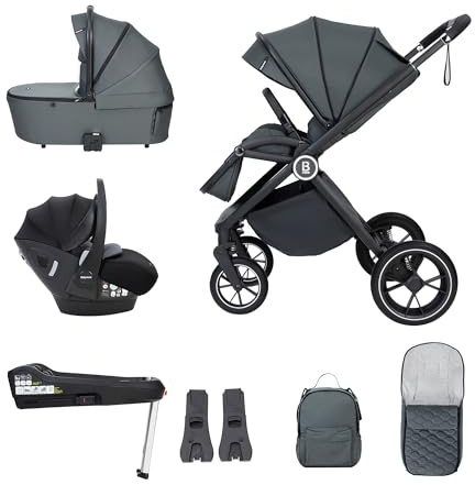 Babymore Kai Travel System with Pecan i-Size Infant Car Seat - Safety Tested 3 in 1 Pram Travel System with Isofix Base & All Accessories, Flip and Fold System, 0-4 Years | Upto 22 Kg - Forest Grey