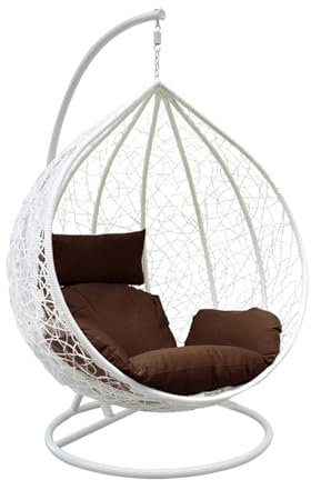 Rattan Swing Egg Chair Garden Swing Chair Patio Hanging Chair Indoor/Outdoor Hanging Hammock with Cushion(2024 New) (White Egg Chair & brown Cushion)