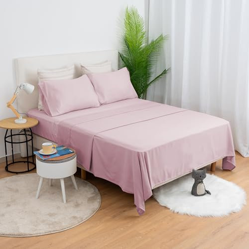 H HANSEL HOME Juego de Sábanas de Microfibra 4 Piezas para Cama 135cm Transpirable - Incluye 1 Encimera, 1 Bajera Ajustable y 2 Fundas de Almohada - Rosa