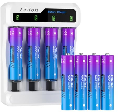 Pallus Rechargeable Lithium AAA Battery, 1100mWh High Capacity Triple A Rechargeable Li-Ion Batteries, 8 Pack 1.5V AAA Lithium Battery With 4-Slot White Charger