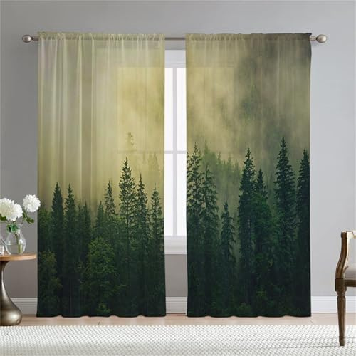 Odot Halbtransparente Vorhänge, 3D Wald Muster Voile Vorhang Stangentasche Gardinen Vorhang Ösenvorhang 2 Stück Fensterschal Moderne Vorhänge Fenster für Wohnzimmer (132x230cm,Dschungel)