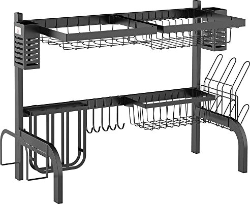 HOMCOM 65cm Dish Drainer Rack Over The Sink, 2 Tier Dish Rack for Kitchen Counter, Space Saving Dish Drying Rack, Black
