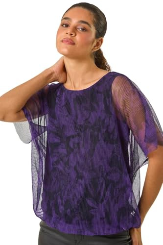 Roman Originals Sparkle Mesh Stretch Overlay Top for Women UK - Ladies Everyday Autumn Winter Round Neckline Comfy Soft Evening Vacation Work Party Night Out - Indigo - Size 20