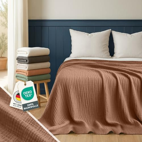 Blumtal Tagesdecke Baumwolle 150x200 cm - Musselin Decke Oeko-TEX zert. - Bettüberwurf 150x200 - Couch Überwurf - leichte Kuscheldecke Baumwolle 100% - Tagesdecke Bett - Sofadecke Copper