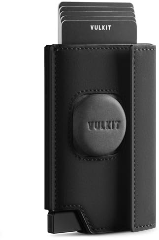 VULKIT Portefeuille Minimaliste Homme avec Étui AirTag Sécurisé 360°, Éjecteur de Cartes Pop-Up Blocage RFID, Fenêtre d'Identité, Porte Monnaie, Fermeture Magnétique - Boîte Cadeau (Noir)