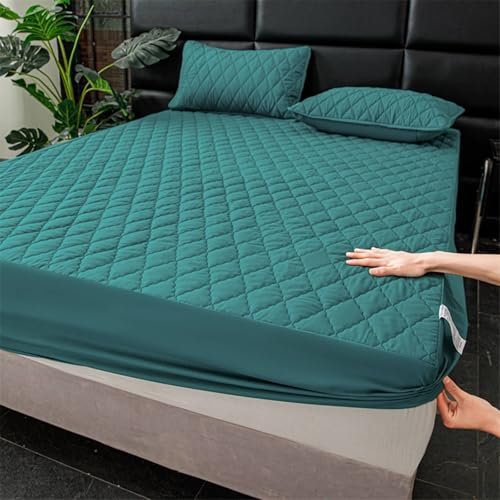 AMDXD Grün Betttuch mit 2er Kissenbezüge 120x200cm Set 3teilig Weich, Spannbettlaken Gesteppt Einfarbig Matratzenschutz, Polyester Baumwolle Laken für Bett für Boxspringbett & Wasserbett