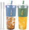 GOMETY 2 Stück Bubble Tea Becher mit Strohhalm, 700ml Trinkbecher mit Deckel und Strohhalm, Wiederverwendbar Eiskaffee Becher Isoliert Plastikbecher Becher to Go Tumbler Becher für Kaffee Bubble Tea