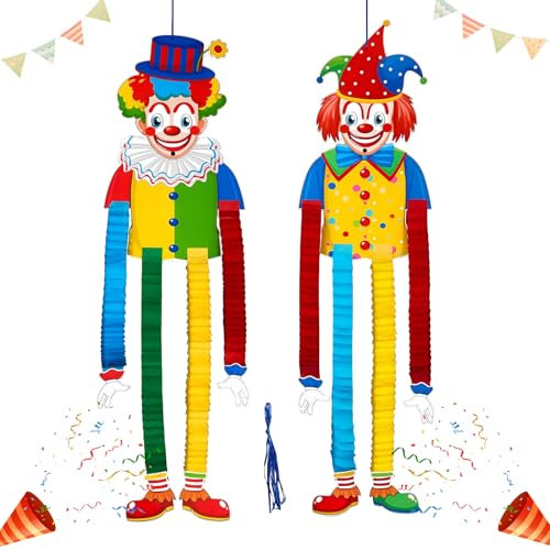 Clown Banner Karneval Deko, 2 Stück Clown Deko Karneval, Clown Fasching Deko Farbe Papier Aufhängen Karneval Hängen Banner, Clown Luftschlangen Karneval, für Indoor Outdoor Zirkus Dekoration