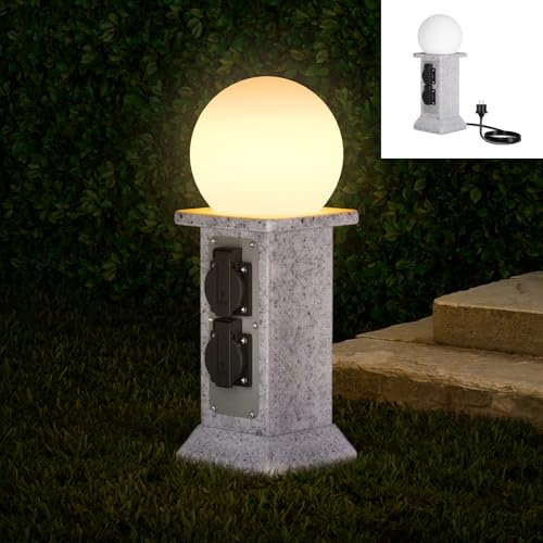 MALUX Aussensteckdose Wasserdicht in Marmoroptik, Outdoor Steckdose with LED Ball Light, IP44, 4 Steckdosen, Gartensteckdose (Lamp A)
