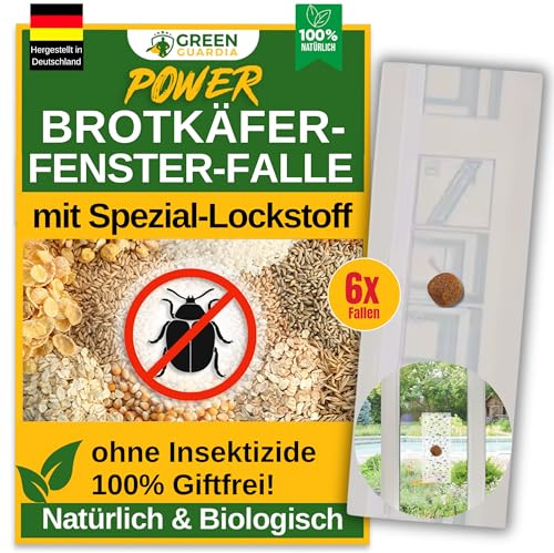GREEN GUARDIA Brokäfer Fenster-Falle mit Spezial-Lockstoff - 6X Fallen - umweltfreundlich Brotkäfer bekämpfen, Chemiefreie Falle mit starker Klebefläche, giftfrei & geruchsneutral