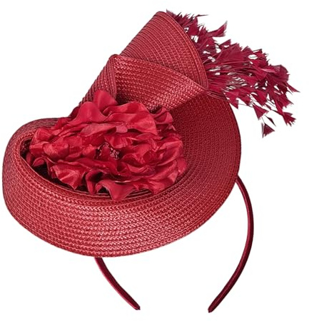 howkuhat Fascinators for Women Flower Feather Headwear Wedding Hats for Women Straw Hat Fascinators for Weddings Tea Party Hair Accessories with Hair Clip & Headband (UK, Alpha, One Size, Wine Red)