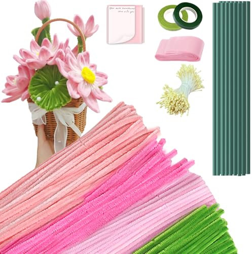 400 Pezzi Scovolini Colorati per Lavoretti, Set Pipe Cleaner Fiori Tulipani 4 Colori, Pipa Ciniglia Fiori Lavoretti Creativi Bouquet Fai da te Decorativi Artigianali con Steli di Fiori (Rosa)