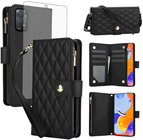 Asuwish Handyhülle für Xiaomi Redmi Note 12 Pro 4G/Redmi Note 11 Pro 5G Hülle mit Band Folie Schutzfolie Kartenfach Klappbar Leder Geldbörse Ständer Note11 11Pro 11E 2201116SG Phone Case Schwarz
