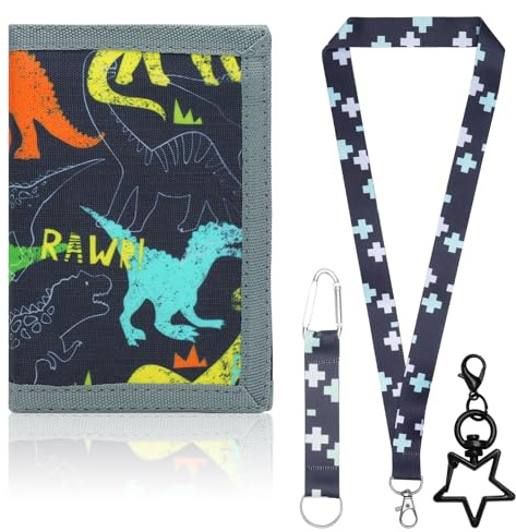UOCAI Portefeuille Enfant Dinosaure avec Lanière et Porte-Clés – Porte Monnaie Enfant Garçon Fille avec Fermeture Éclair, Scratch et Plusieurs Compartiments – Cadeau d’Anniversaire, École et Voyage