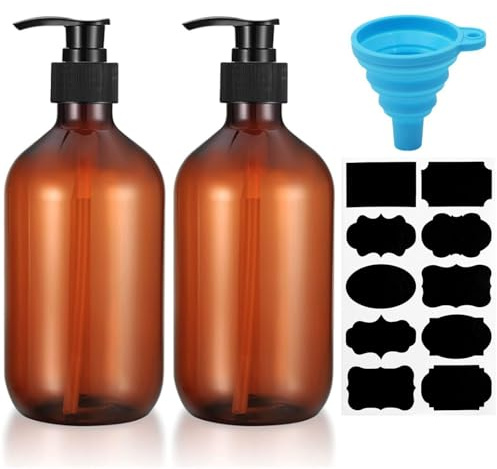 2 Package Shampoo Bottles With Pump, 500ml Brown Plastic shampoo bottles with pump, Kitchen And Bathroom Hand Soap Dispenser With Sticker Soft Rubber Funnel Reusable Amber Soap Dispenser (Brown*2)