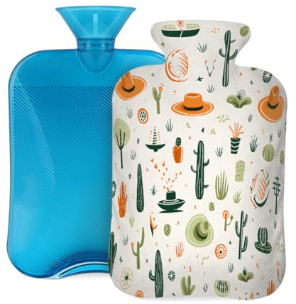 Hot Water Bottle with Cover 2L, Cowboy Hat Cactus Hot Water Bottles for Adults Warmer/Pain Relief