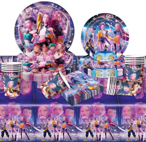 Luclay Birthday Party Decorations Tableware Kids- 51PCS Kpop Birthday Party Cartoon Themed Party Favor Supplies Paper Plates Cups Napkins Tablecloth for Boys Girls Baby Showers Deco