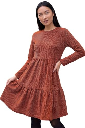 Roman Originals Textured Frill Dress for Women UK - Ladies Everyday Autumn Winter Round Neckline Comfy Soft Evening Vacation Work Party Night Out