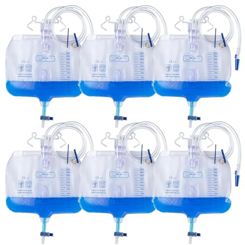 Behogan 6 Stück 2000ml Urinbeutel Beinbeutel, Urindrainagesystem, Urinbeutel 2000ml mit Anti Reflux Ventil und T-Ablass, Urindrainagebeutel mit 120cm Schlauch
