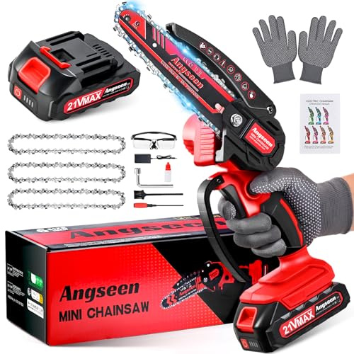 Angseen Akku Kettensäge, 6 Zoll Mini Kettensäge mit 3 Ketten und 850W Motor, Akku-Astsäge mit 1 Akku und Sicherheitsverriegelung, Starke Elektro-Handkettensäge für Holz, Astschere & Gartenarbeit