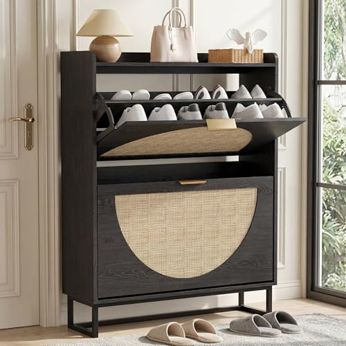 Rattan Shoe Storage Cabinet Black with 2 Flip Drawers,Wooden Shoe Organiser | with Adjustable Shelves, Storage Unit for Hallway, Entryway and Living Room