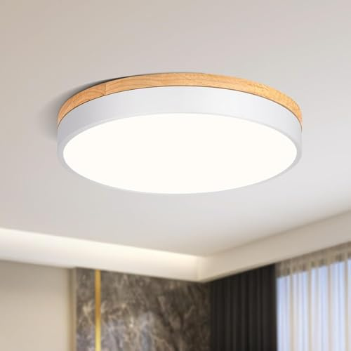 Qamra Deckenlampe, LED Deckenleuchte Holz, Flach Deckenleuchte Weiß, 36W Rund Lampe für Wohnzimmer Schlafzimmer Küche Flur Esszimmer 4000K
