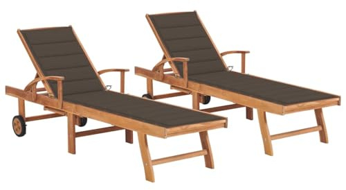 WGYHOME Lot de 2 chaises longues avec coussins taupe - Bois massif teck - 195 x 59,5 cm - Dossier réglable (4 positions) - Pour jardin, terrasse et piscine