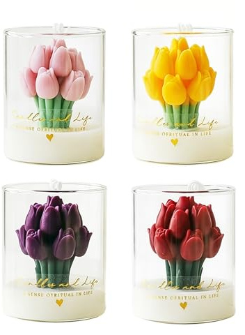 Confezione da 4 candele profumate a forma di tulipano - Profumo per interni e ornamenti decorativi - Perfette per riunioni, lavoro, lettura, appuntamenti romantici, compleanni