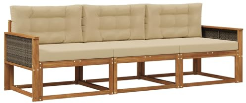 vidaXL Outdoor-Sofagarnitur mit Kissen 3 pcs Natur und Beige, Akazienholz Sofa Set für draußen, modernes Loungemöbel, Flexibler Gartenplatz, wetterfeste Einrichtung