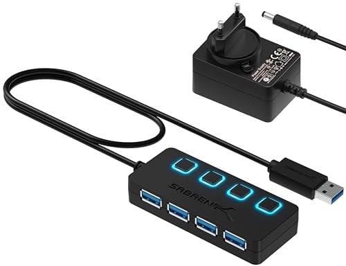 SABRENT Powered USB Hub, 4 Port USB 3.2x1 5Gbps, USB 3 Splitter, On/Off Switch LED Indicators, 68cm (2ft) Cable for PC, Laptop, iMac, MacBook (HB-UMP3)