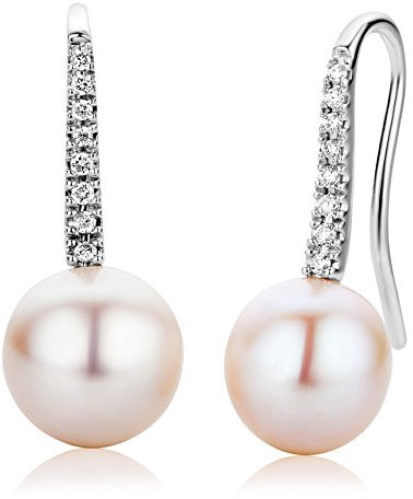 Miore Schmuck Damen 0.12 Ct Diamant Ohrhänger mit weiße Süßwasserperlen 9.5 mm Ohrringe aus Weißgold 18 Karat / 750 Gold