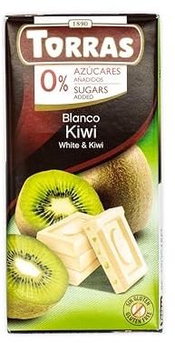 Torras zuckerreduzierte Schokolade, Schokolade ohne Zuckerzusatz, Weiße Schokolade mit Kiwi, Tafel (75g)